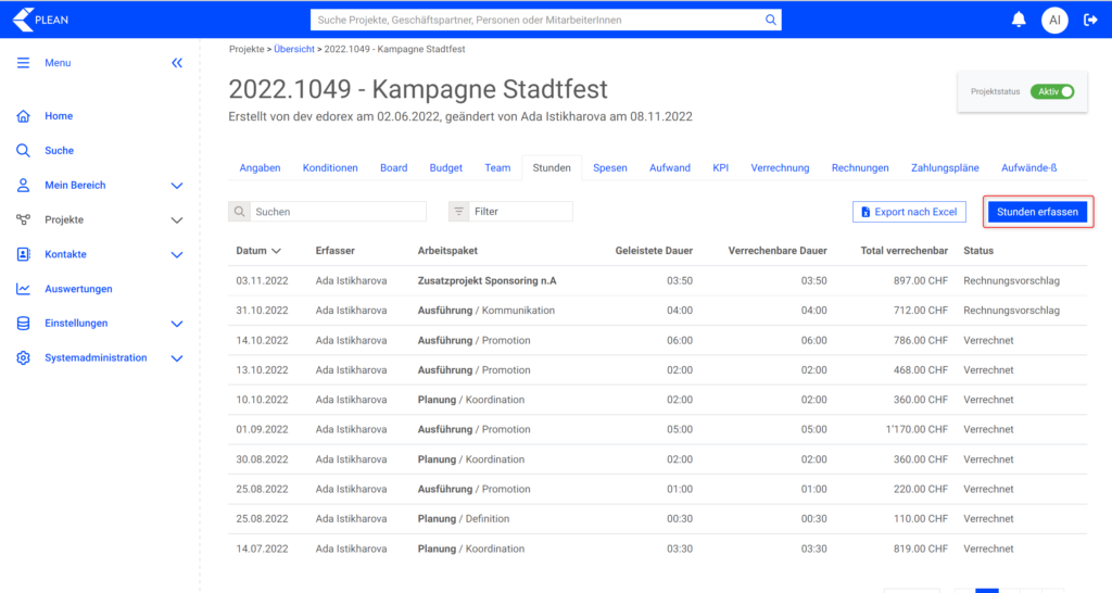 Projektstunden erfassen