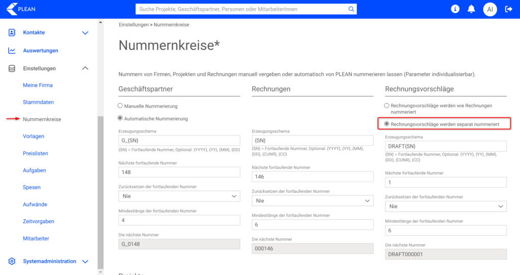 Nummernkreis definieren für Rechnungen