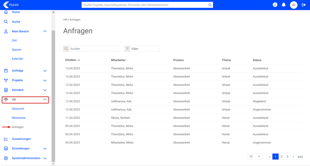 Im Menu Anfragen im HR, können Absenzen bearbeitet werden