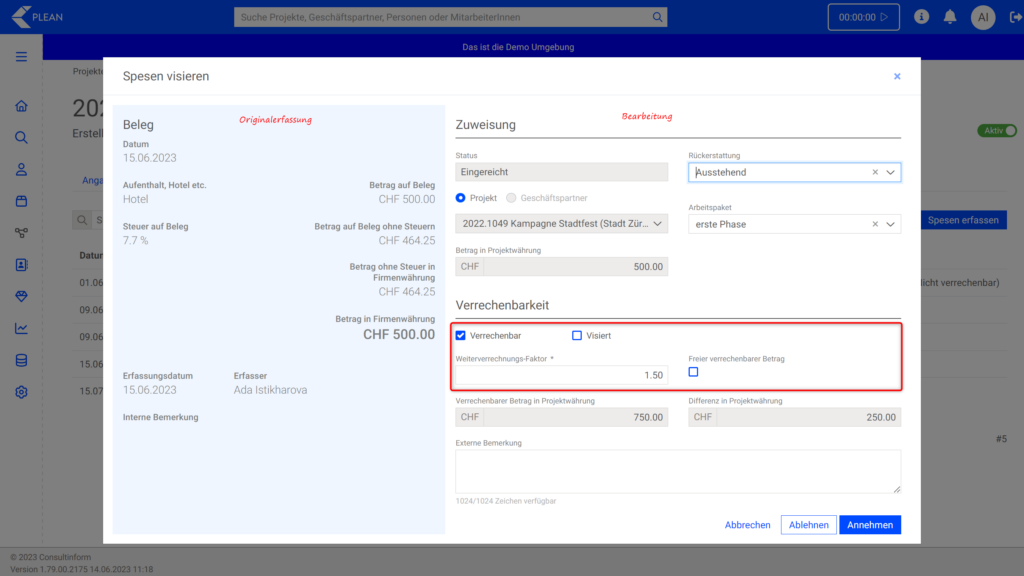 Projektspesen bearbeiten und visieren