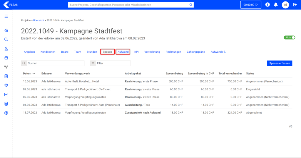 Register Spesen und Aufwände